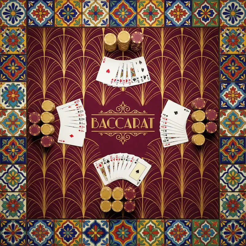 Mesa de bacará elegante con cartas desplegadas y fichas doradas estilo mexicano