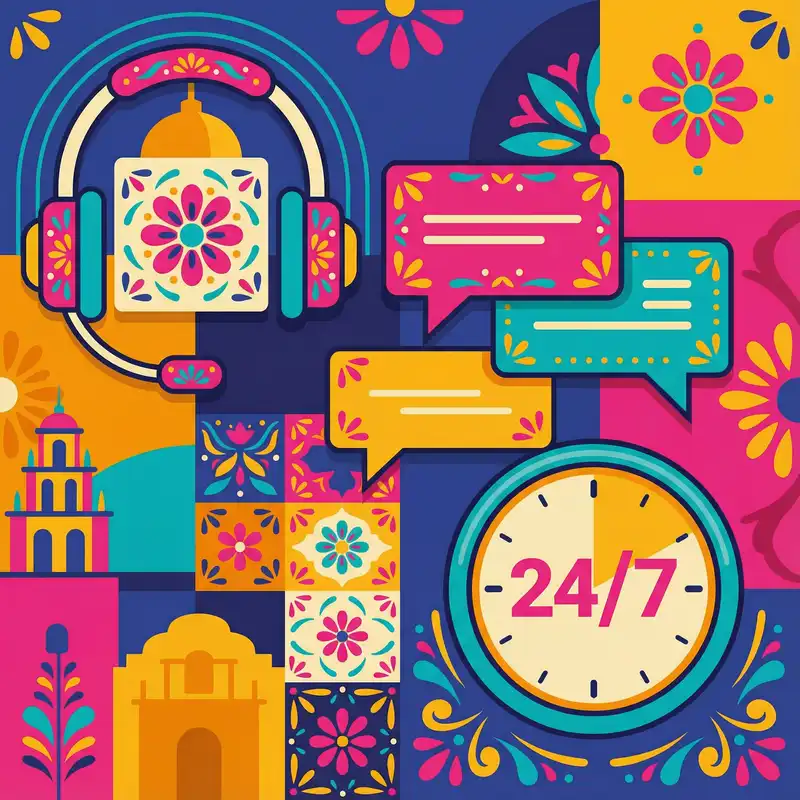 Iconos de soporte al cliente 24/7 con auriculares y burbujas de chat coloridas